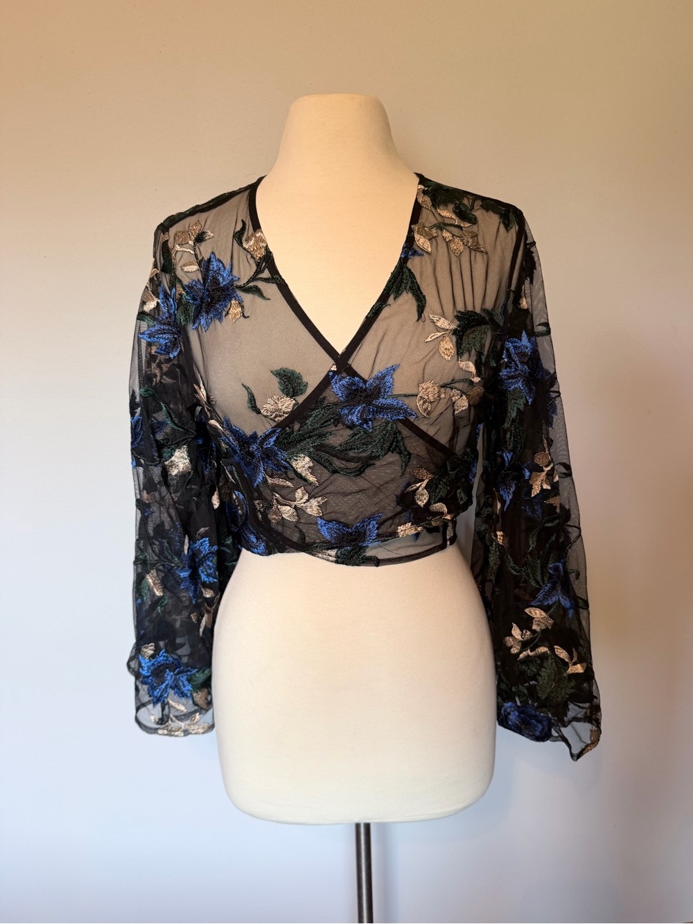 AKIRA Sheer Black Cropped Wrap Top with Blue & Green Floral Embroidery